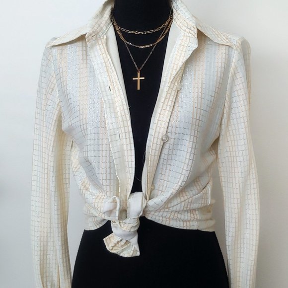 Vintage 1970s Metallic Thread Button Up Shirt - Picture 6 of 7